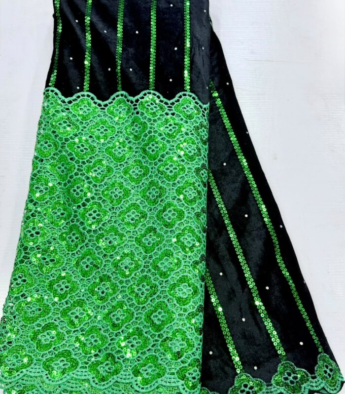 Luxury Black Velvet & Emerald Green Sequin Embroidered Lace Fabric