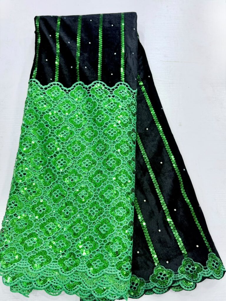 Luxury Black Velvet & Emerald Green Sequin Embroidered Lace Fabric