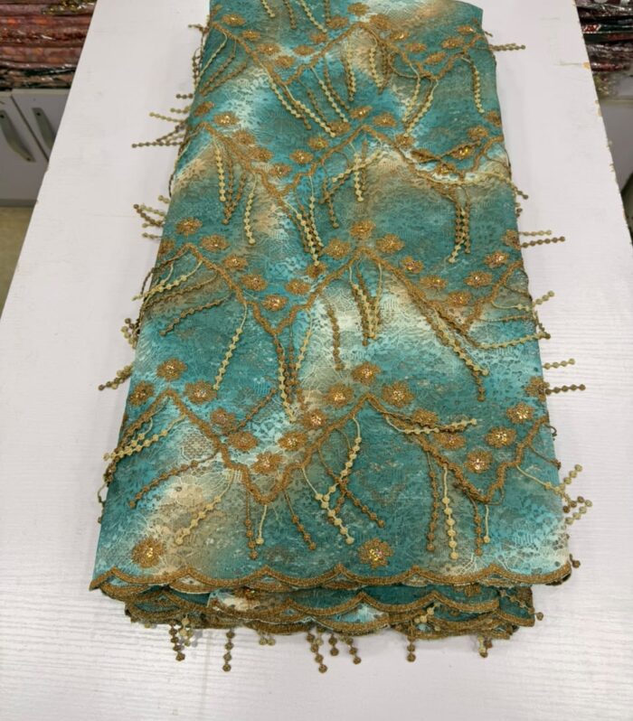 Teal and Gold Sequined Fringe Lace Fabric for Luxury Occasion Wear