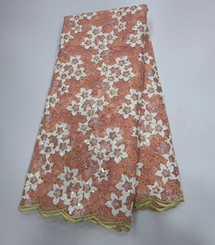 Premium Peach Floral Sequin Net Lace Fabric with Gold Scalloped Border