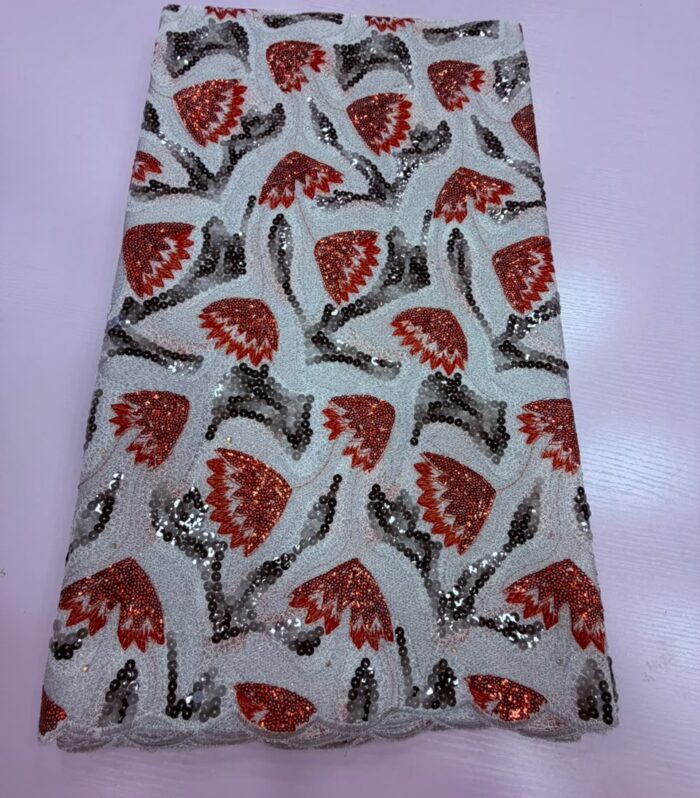 Premium Off-White African Mesh Lace Fabric with Red Floral Sequin Embroidery