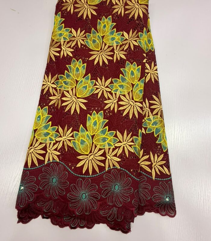 Burgundy Embroidered Swiss Voile African Lace Fabric with Scalloped Border