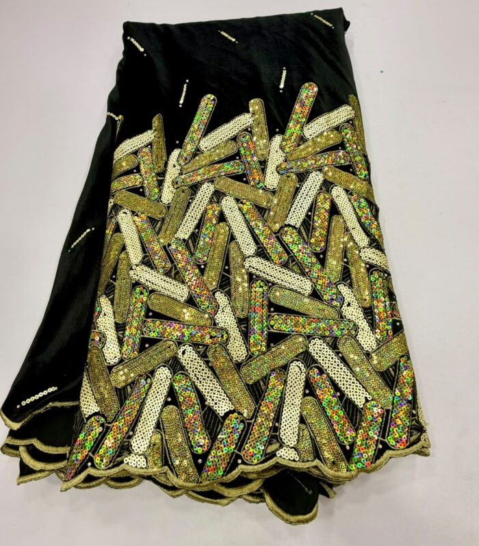 Black Velvet Embroidered Sequin Fabric – Gold & Multi-Tone Geometric Lace Trim