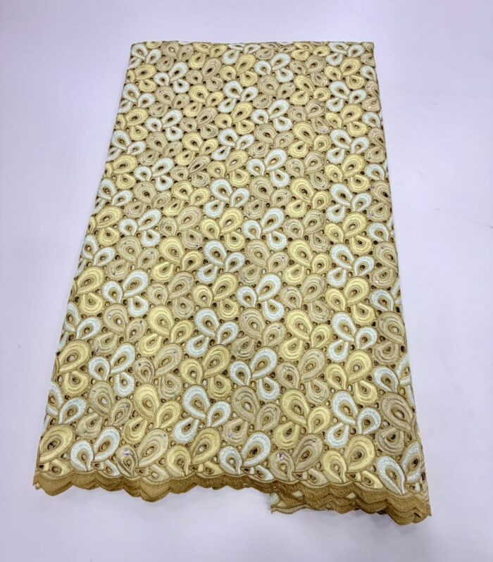 Premium Gold Swiss Voile Dry Lace Fabric with Stone Embellishments (5 Yards)