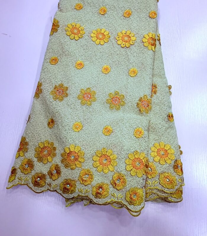 Mint Green Floral Embroidered Net Lace Fabric with Yellow Motif and Scalloped Border