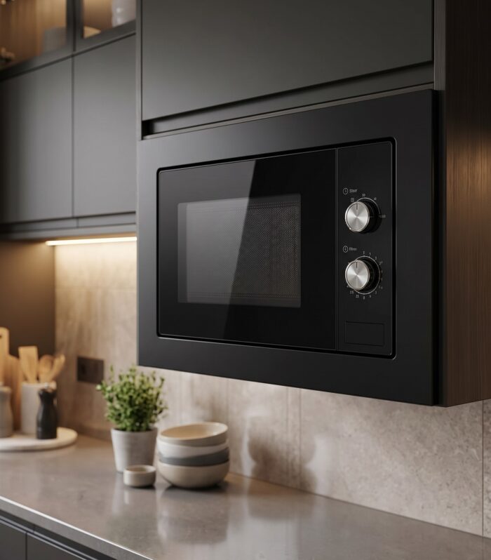 Sleek & Built-In Black Microwave Oven with Dual Control Dials | Fast & Uniform Heating