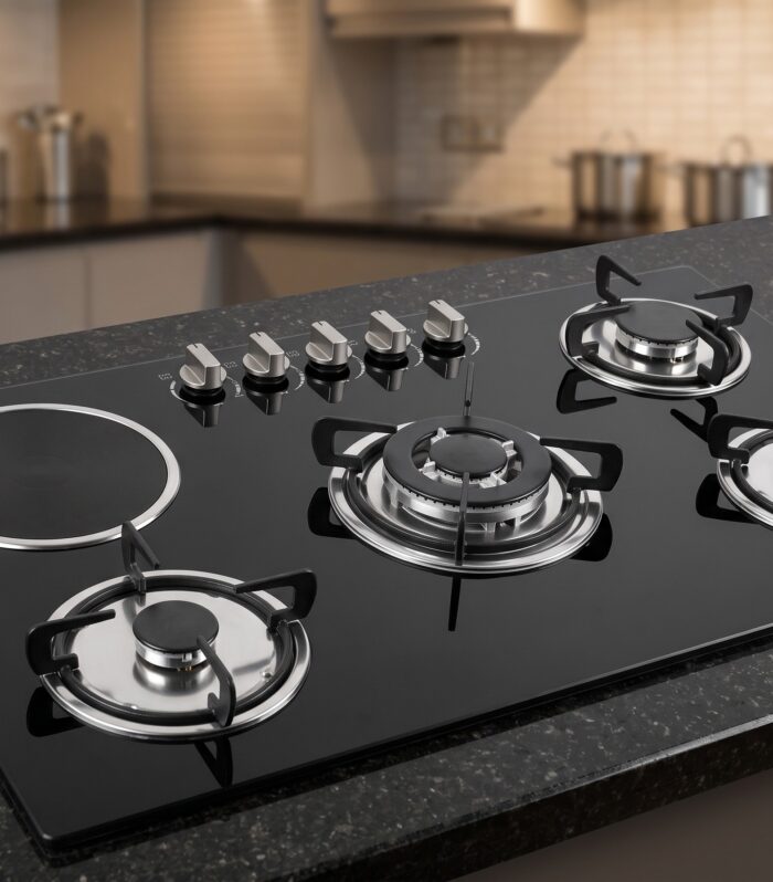 Premium 5-Burner Hybrid Built-In Gas & Electric Glass Cooktop | Sleek Black Tempered Glass Stove