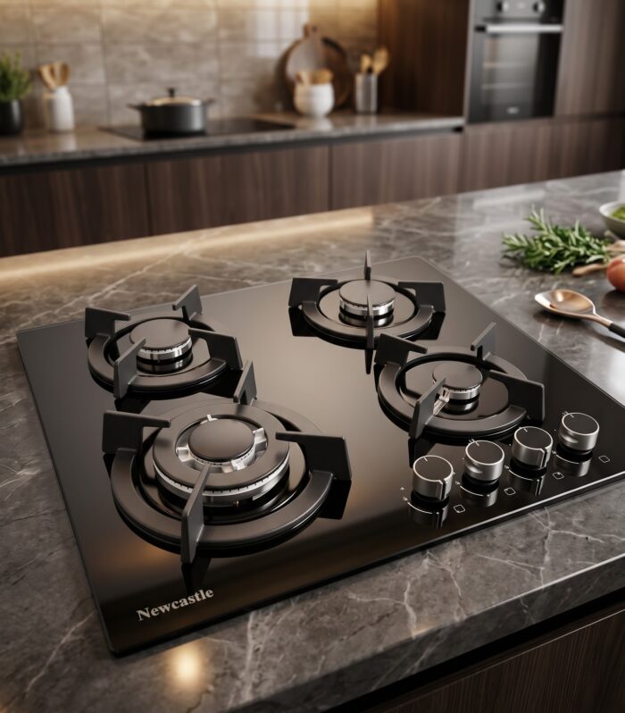 Newcastle 4-Burner Tempered Glass Built-In Gas Hob (Model NC590B) – Sleek, High-Efficiency Modern Cooktop for Your Kitchen