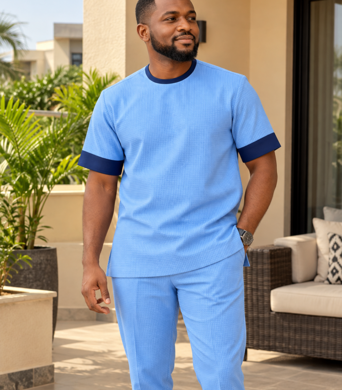 Men’s Sky Blue Waffle-Textured Short-Sleeve Native Set with Contrast Navy Trims