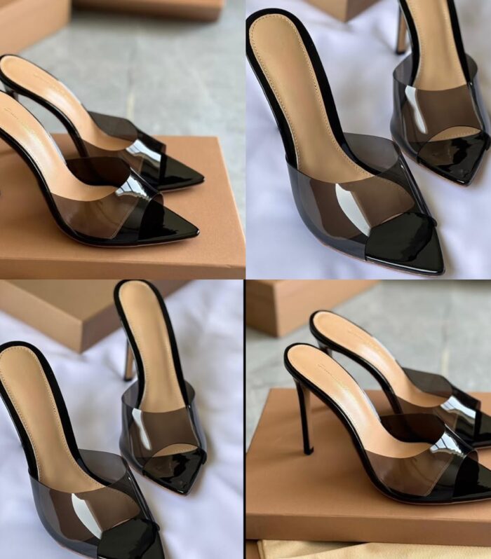 Step up your shoe game with these sleek black tinted clear high heel mules! Designed with a sharp pointed toe and a stylish see-through upper, these heels give you a modern, legs-for-days look that pairs easily with almost any outfit. Whether you are dressing up for a night out, a party, or a formal dinner, these slip-on stilettos deliver instant elegance without any hassle.