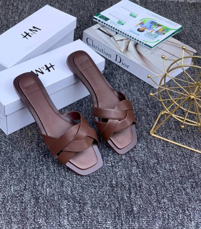 Women’s Brown Cross-Strap Flat Sandals – Stylish, Comfortable Slip-On Slides