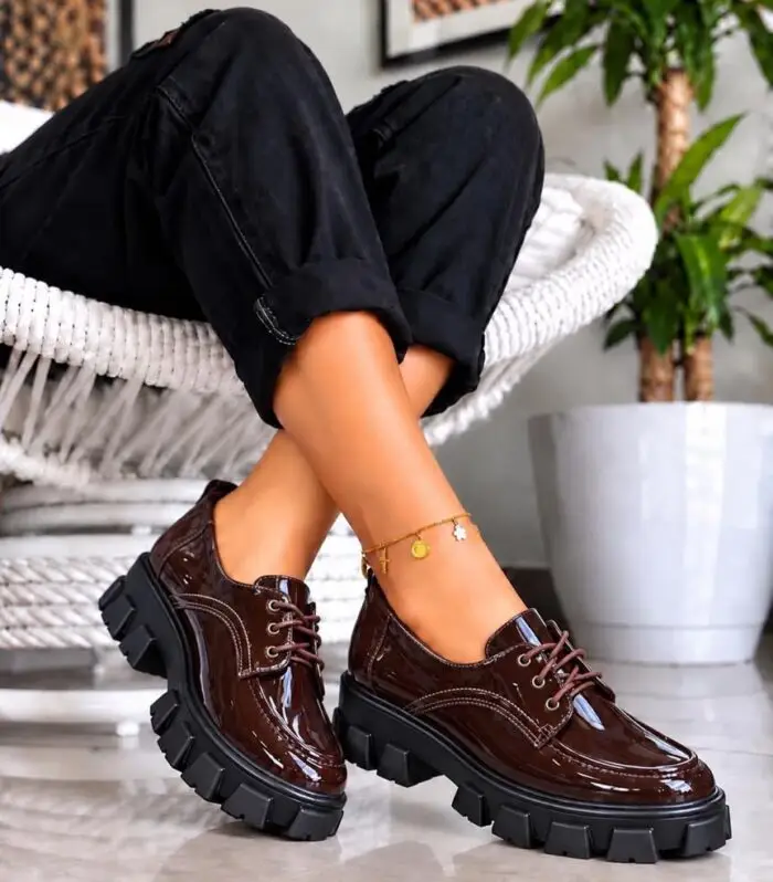 Women’s Dark Brown Patent Leather Lug-Sole Oxfords