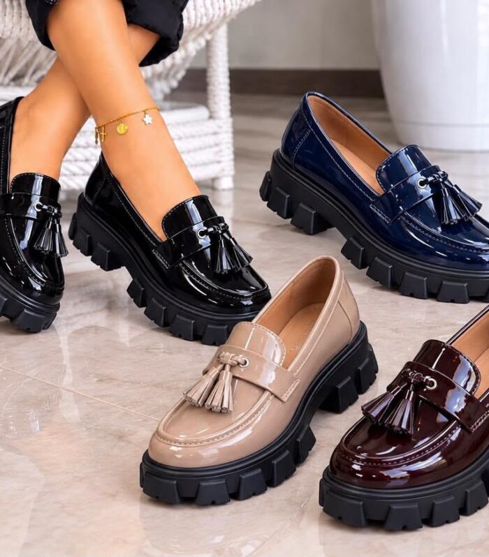 Women’s Chunky Platform Tassel Loafers – Glossy Patent Leather Slip-On Shoes