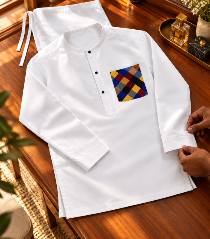 Elevate Your Style: Men's Premium Crisp White Senator Suit with Multicolored Plaid Accent Pocket