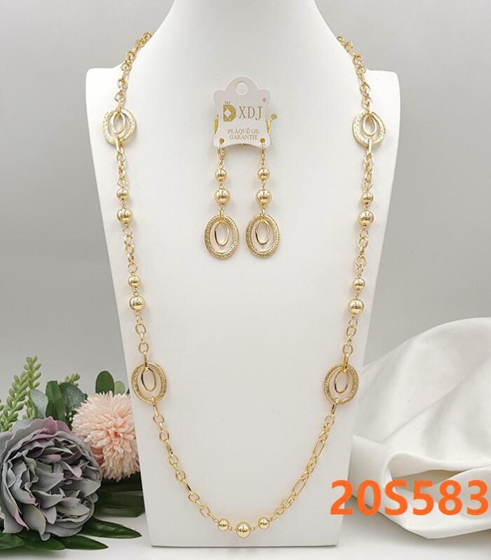 Product Title: Elegant Gold-Plated Long Chain Necklace and Matching Drop Earrings Jewelry Set