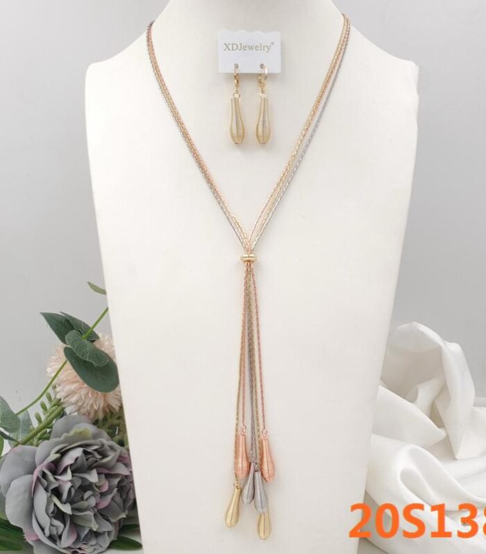 Product Title: Elegant Tri-Tone Gold Long Station Necklace and Matching Drop Earrings Jewelry Set