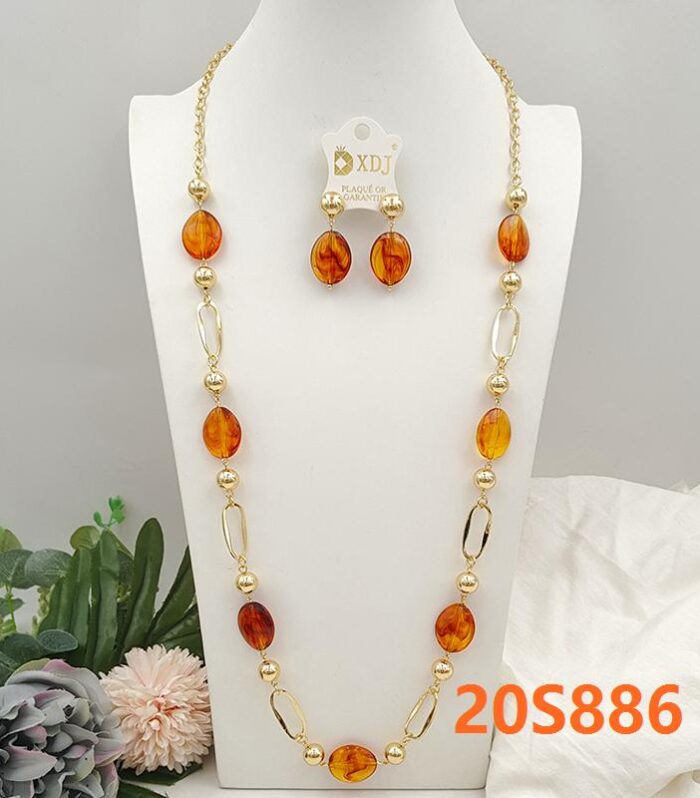 Elegant Gold & Amber Resin Bead Long Necklace Set with Matching Drop Earrings