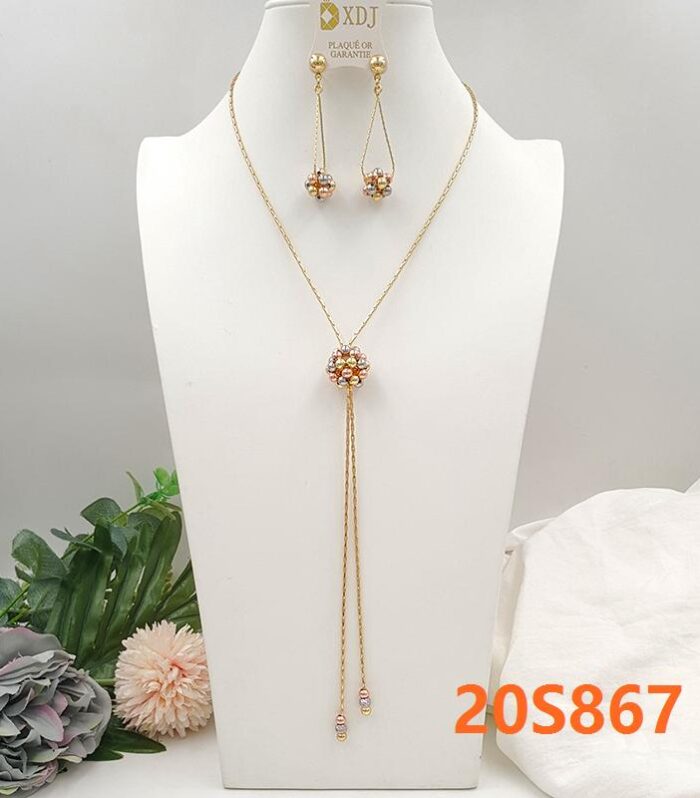 Elegant Gold-Plated Tri-Color Bead Jewelry Set – Necklace and Matching Drop Earrings