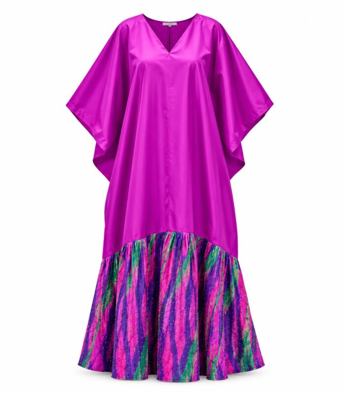 Make a bold statement with this structured, high-contrast kaftan maxi dress. Crafted in a rich fuchsia pink, it features wide batwing sleeves, a sharp V-neckline, and an easy, loose-fitting silhouette.