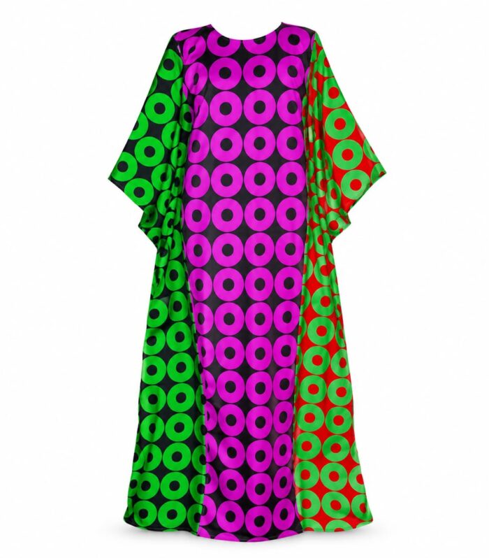 Vibrant Geometric Print Silk Kaftan Dress – Floor-Length Color-Blocked Boubou