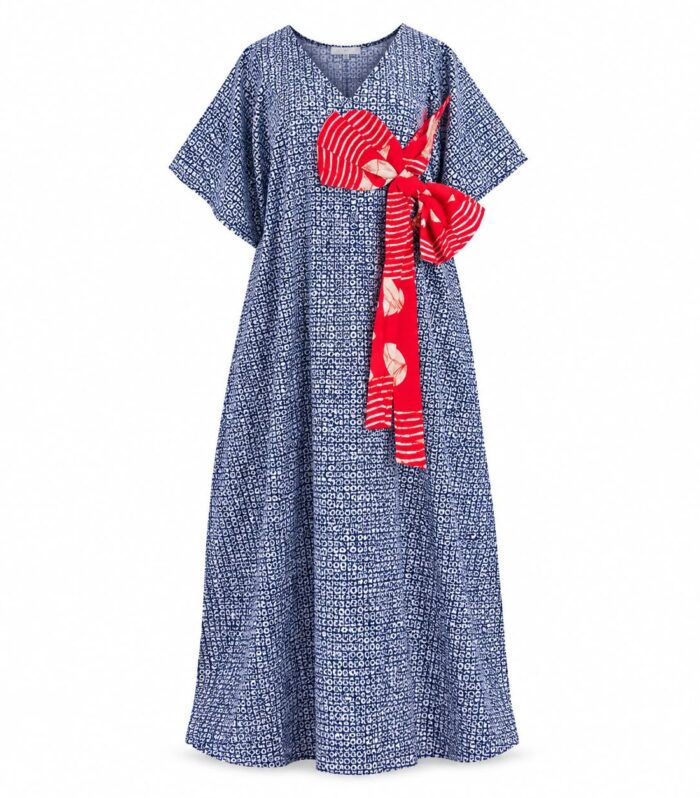 Women's Printed V-Neck Kaftan Dress with Contrast Ribbon Accent