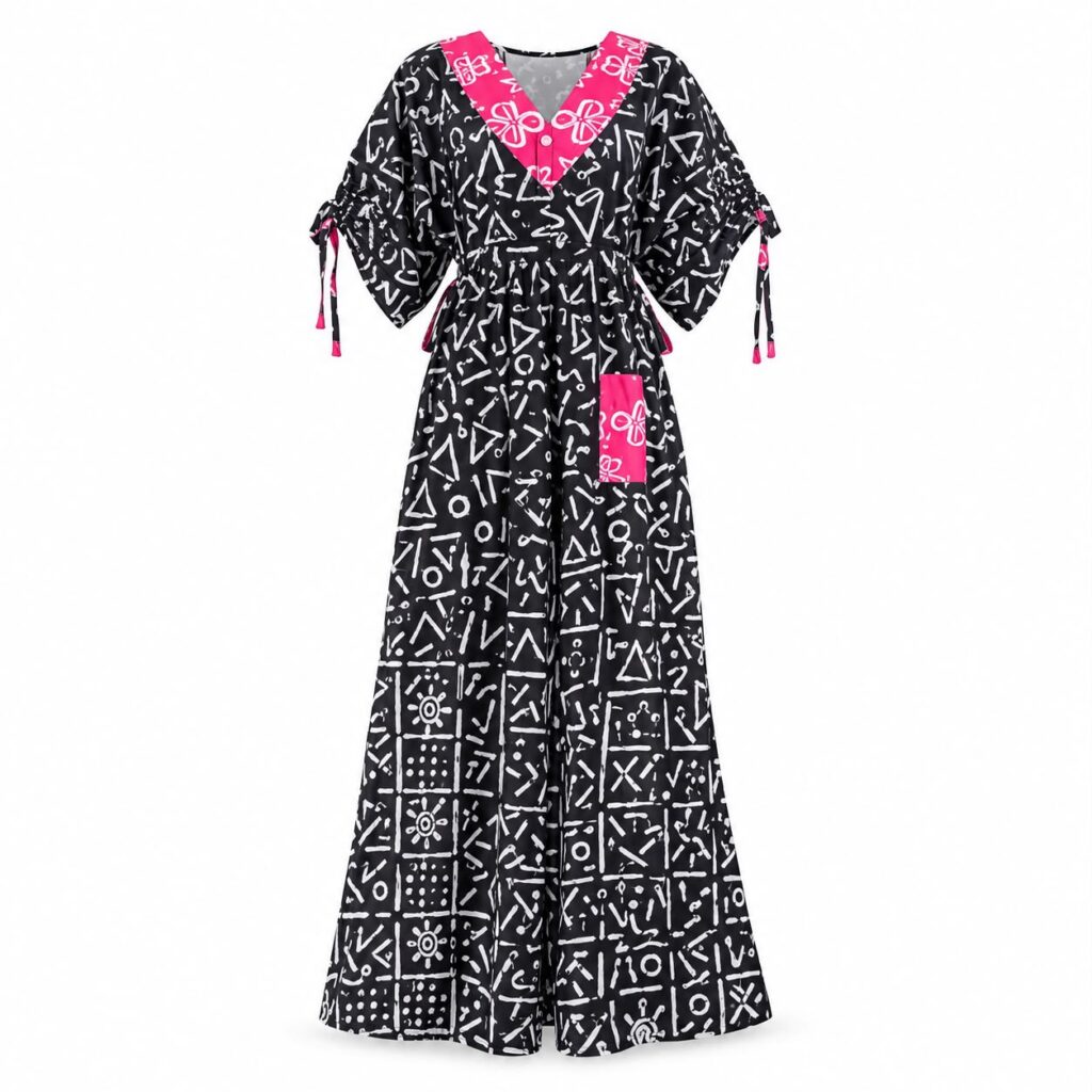 Women's Geometric Print Kaftan Maxi Dress with Hot Pink Accents