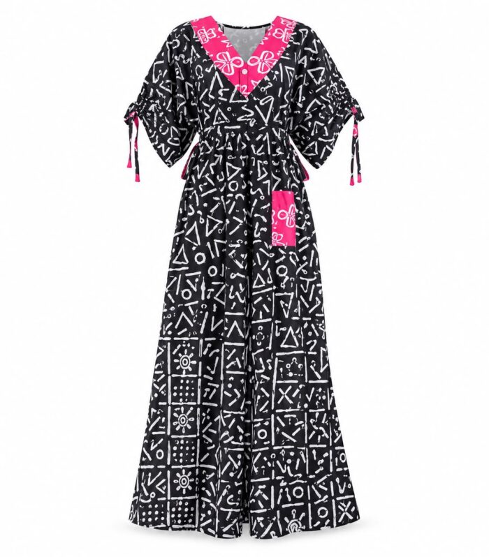 Women's Geometric Print Kaftan Maxi Dress with Hot Pink Accents