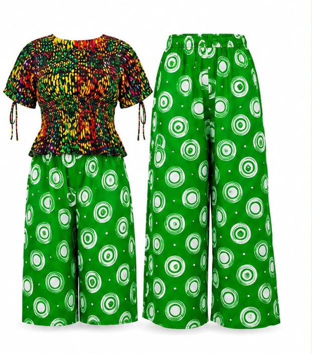 Vibrant Two-Piece African Print Set: Smocked Peplum Top and Wide-Leg Trousers