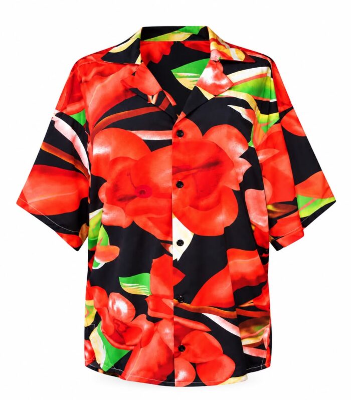 Unisex Short-Sleeve Tropical Red Floral Cuban Collar Hawaiian Shirt