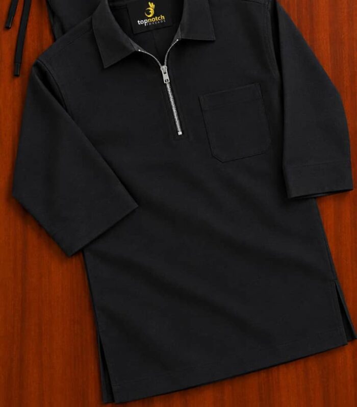 Men's Black Quarter-Zip Modern Senator Set | Premium Tailored Short-Sleeve Kaftan